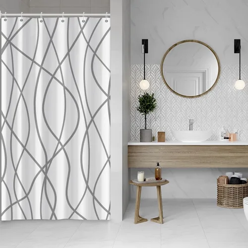Miniatura 60 de Cortina de ducha pequeña a rayas gris claro degradado para baño, 36 x 72 pulgadas, juego de cortina de ducha geométrica para cabina de RV