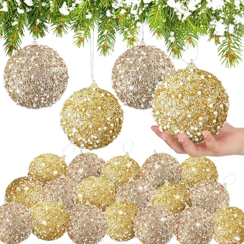 Miniatura 31 de Lyrow 24 piezas 3.15" Juego de adornos de bola de Navidad con purpurina, bola de espuma con lentejuelas colgante, decorativa, en masa, para árbol