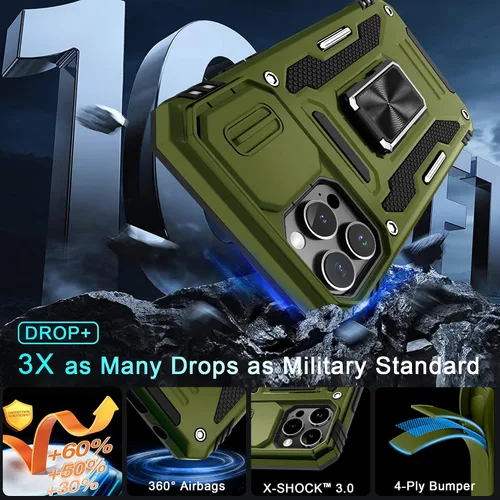Miniatura 55 de DEERLAMN Funda para iPhone Xs Max con funda deslizante para cámara + protector de pantalla, soporte giratorio de anillo de grado militar a prueba