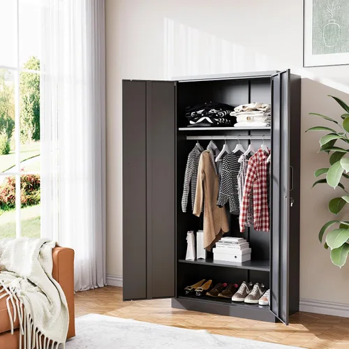 Miniatura 2 de BYNSOE Armario de metal con 2 puertas, armario de 72 pulgadas con riel para colgar, armario de metal con estantes ajustables para dormitorio. Negro