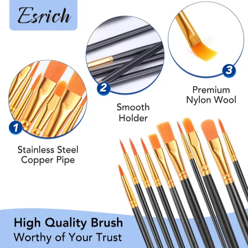 Miniatura 3 de Juego de pinceles de pintura acrílica ESRICH, 10 paquetes/100 piezas de pinceles de acuarela, cabeza de cepillo de nylon, para pintura al óleo, Negro
