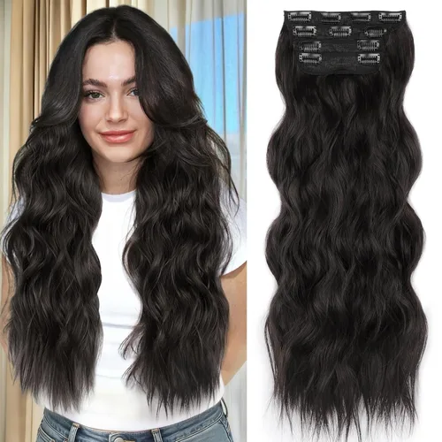 Miniatura 47 de ALXNAN Extensiones de cabello sintético largo y ondulado con clip, de 16 pulgadas, color negro natural, 4 piezas gruesas, fibra de doble trama