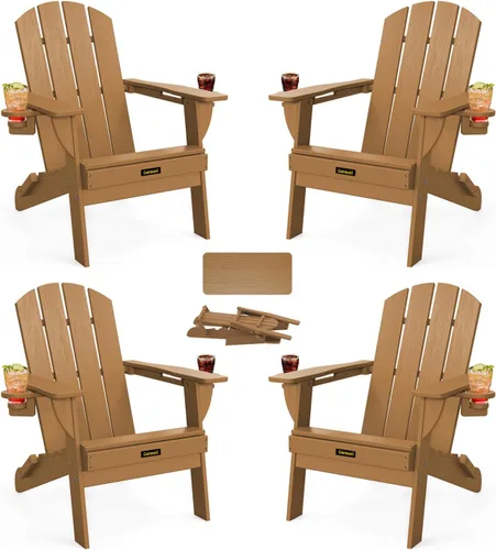 Miniatura 11 de Silla Adirondack Plegable, Sillas Adirondack de Plástico con Textura de Madera con 2 Portavasos, Silla para Hoguera de HDPE Resistente a