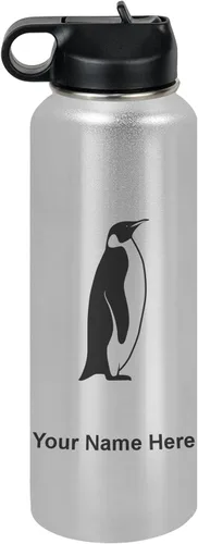Miniatura 14 de LaserGram Botella de agua personalizada, pingüino, acero inoxidable de doble pared aislada al vacío con popote superior, regalo grabado