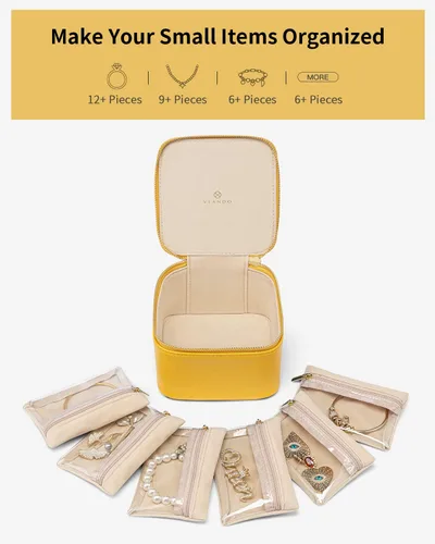 Miniatura 3 de Vlando Joyero de viaje, pequeña bolsa de joyería con 6 bolsillos de terciopelo con cremallera, organizador de joyería de piel sintética para mujeres