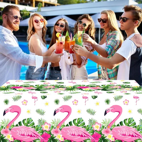 Miniatura 7 de Preboun 3 manteles de verano con diseño de flamenco para fiestas, mantel de plástico tropical hawaiano, 54 x 108 pulgadas, decoración de mesa rosa