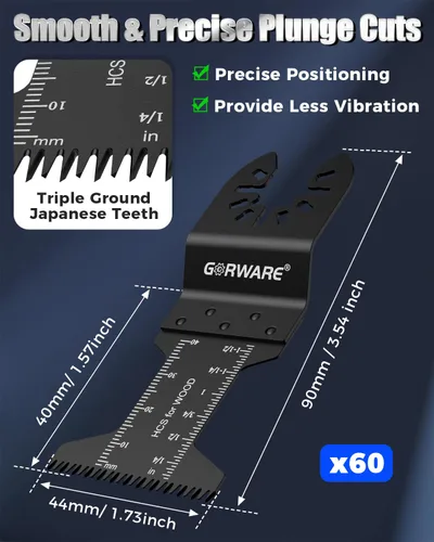 Miniatura 2 de GORWARE Cuchillas multiherramienta, 60 cuchillas de dientes japonesas para madera y plástico, cuchillas oscilantes universales para Milwauke, Worx