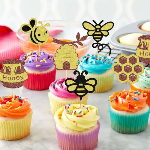 Miniatura 5 de Ercadio 24 piezas de decoración de cupcakes de abeja con purpurina de nido de abeja y miel para temática de abejas, baby shower, niños y niñas