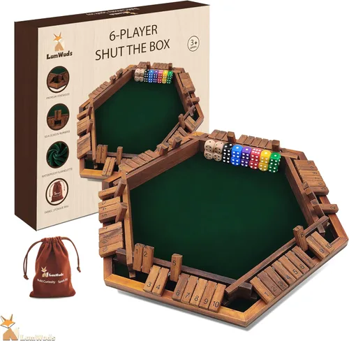 Miniatura 9 de Shut The Box Game Tablero de madera (13.78 pulgadas) para 1-4 jugadores, juegos de dados familiares para adultos con 12 dados, aprendizaje educativo
