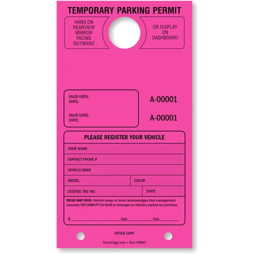 Miniatura 12 de SmartSign Etiqueta colgante de espejo "Permiso de estacionamiento temporal" Paquete de 50 Verde fluorescente Cartulina de 7.75 x 4.25 pulgadas