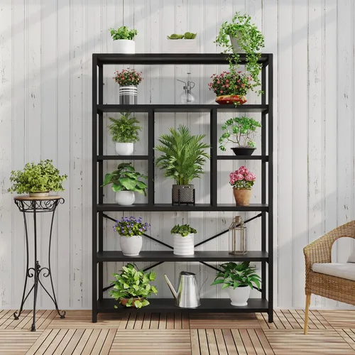 Miniatura 8 de LVB - Estantería alta de 6 niveles en negro, moderna y amplia estantería de almacenamiento, estante de madera y metal industrial de 6 estantes