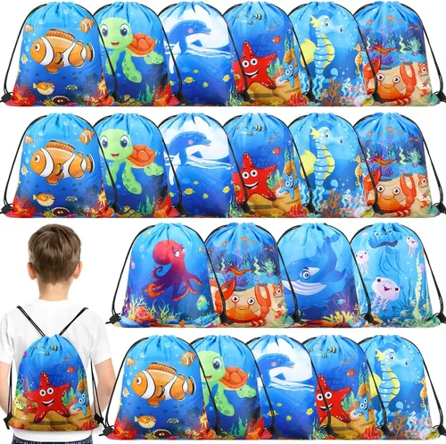 Sanwuta 18 bolsas de recuerdo de fiesta bajo el mar, bolsas de regalo del océano, bolsas con cordón para regalo de playa, animales marinos, dulces,