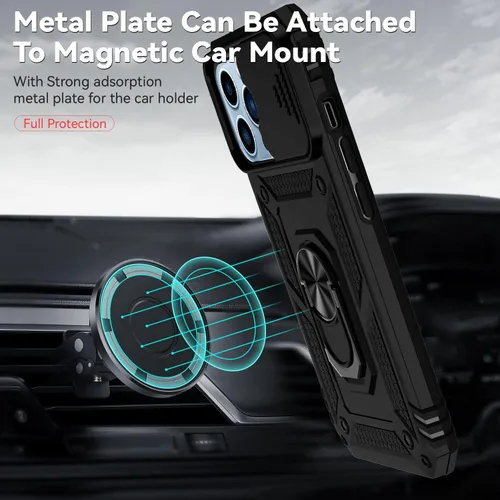 Miniatura 3 de Funda para iPhone 13 Pro, con cubierta para lente de cámara, protector de pantalla HD, [grado militar] anillo de montaje en coche con soporte Negro