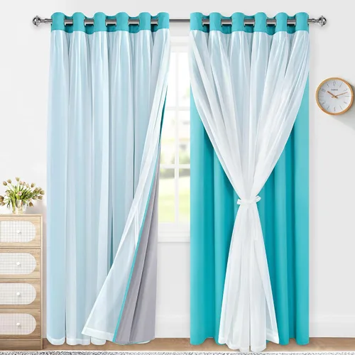Miniatura 17 de XWZO Cortinas 100% opacas de doble capa para guardería, cortinas opacas con superposición transparente para dormitorio de niñas, cortinas