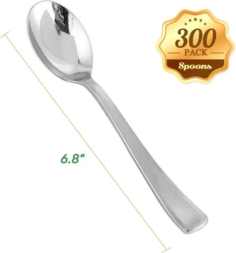 Miniatura 2 de FOCUSLINE Paquete de 300 cucharas desechables de plástico plateado de 6.8 pulgadas, cucharas de plástico sólido y duradero, cubiertos desechables