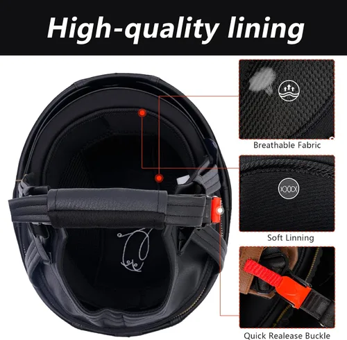 Miniatura 2 de Casco de motocicleta de cuero de estilo alemán, aprobado por DOT, casco vintage de media cara con gafas y visera oculta, media carcasa