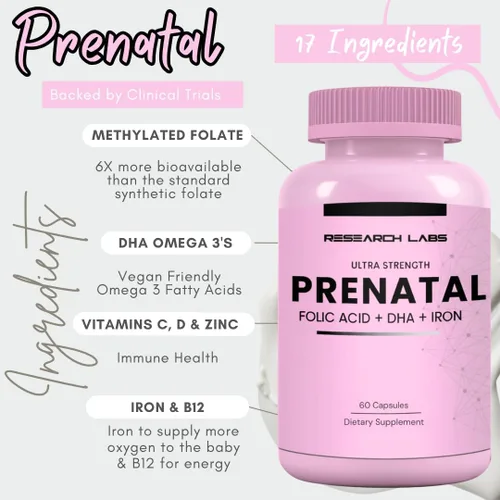 Miniatura 2 de Research Labs Vitaminas prenatales para mujeres 2 Fer 1 anuncio: 6 veces más ácido fólico metilado biodisponible MTHF 5 Apoya el desarrollo