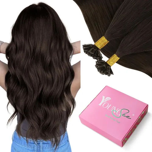 YoungSee Extensiones de cabello humano con punta en U de color marrón oscuro, extensiones de cabello humano con queratina, extensiones de cabello