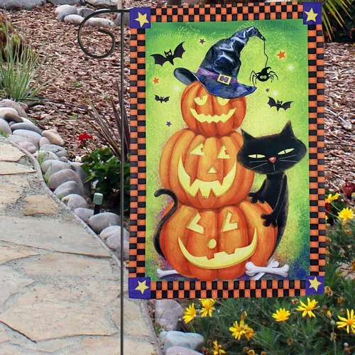 Miniatura 2 de Bandera de jardín de Halloween de calabazas de gato negro, 12 x 18 pulgadas, doble cara, decoraciones de Halloween, decoración del hogar, calabazas