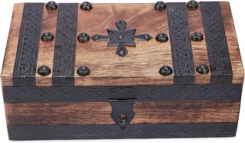 Miniatura 7 de Ajuny Cofre del tesoro de madera hecho a mano, caja de recuerdo vintage y joyería con tiras de concha, almacenamiento de regalo multiusos