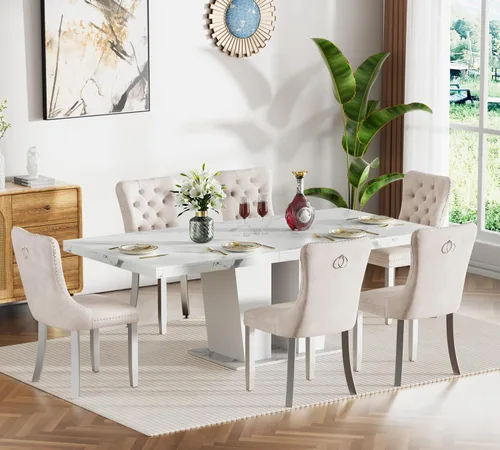 Miniatura 56 de Juego de mesa de comedor extensible de 5 piezas, juego de mesa de comedor extensible de estilo granja para 4, mesa de cocina expandible de madera