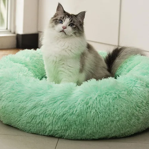 Cama Redonda Anti-Ansiedad de Felpa Sintética Mullida Cálida y Lavable para Perros y Gatos, Cama Original para Mascotas Pequeñas, Medianas y Verde