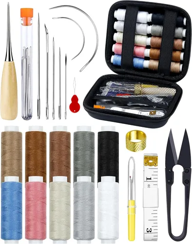 PLANTIONAL Kit de costura de reparación de tapicería, kit de costura resistente con punzón de costura, desgarrador de costura, agujas de coser a
