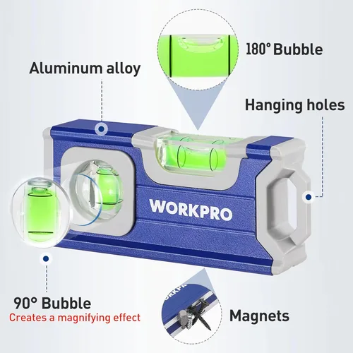 Miniatura 2 de WORKPRO Nivel pequeño, mini herramienta de nivel de 4-1/2 pulgadas, nivel de bolsillo magnético con 2 burbujas diferentes 90°/180°, construcción