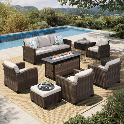 HERA'S HOUSE Juego de muebles para patio, muebles de mimbre para exteriores con fogata, 8 piezas de sofás de conversación para exteriores con Beige