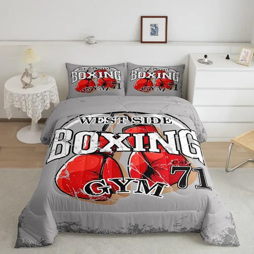 Juego de edredón de boxeo, juego de ropa de cama con temática deportiva de gimnasio para niños, adultos, hombres, patrón de guantes de boxeo rojos,