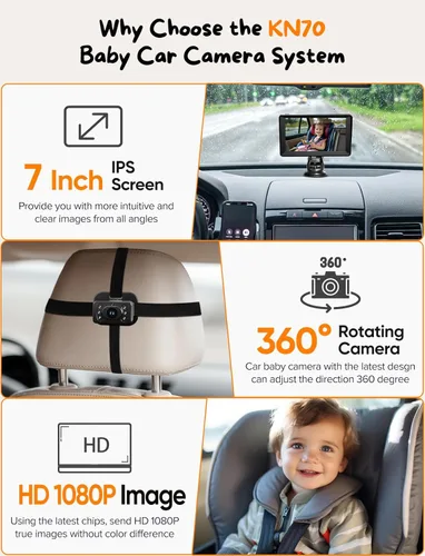 Miniatura 2 de Kidsneed Cámara de coche para bebé, monitor de bebé de 7 pulgadas para automóvil con USB Plug and Play, fácil instalación, rotación de 360 grados