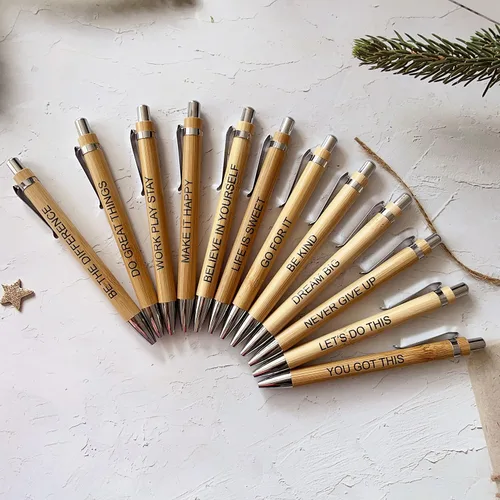 Miniatura 6 de Jxueych Paquete de 12 bolígrafos de bambú con citas inspiradoras motivacionales, bolígrafos retráctiles con tinta negra, 0.039 in, suministros