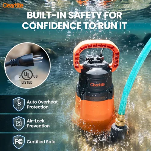 Miniatura 5 de Cleartide Bomba de sumidero sumergible, bomba de agua utilitaria de 1/4 HP para drenaje de piscinas, jacuzzi, sótano, motor 100% de cobre, bomba