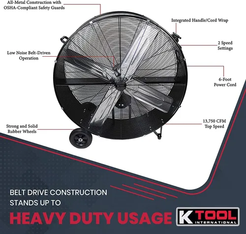 Miniatura 6 de K Tool International 77742 Ventilador de tambor de transmisión por correa de 42 pulgadas con ruedas de 8 pulgadas, alta velocidad, 2 velocidades