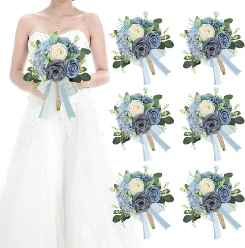 Miniatura 26 de Juego de 4 ramos para dama de honor para boda - Ramos de flores artificiales de 7 pulgadas para decoración de centros de mesa de ceremonia y Azul