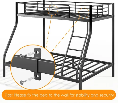 Miniatura 7 de Literas de metal de tamaño individual sobre matrimonial con peldaños de escalera y barandillas de seguridad para niños, niñas y adultos, litera