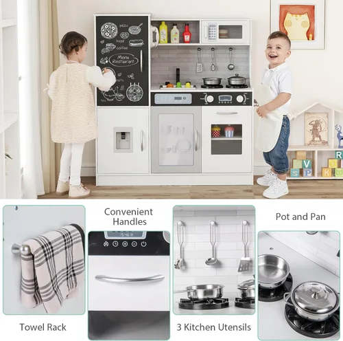Miniatura 6 de Costzon Juego de cocina para niños, gran juego de juguetes de cocina de chef de madera con sonidos y luces reales, microondas, pizarra, horno