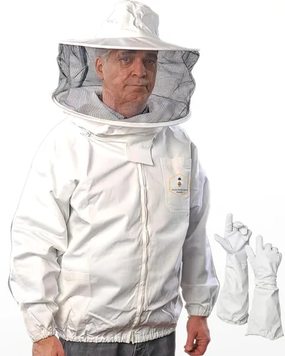 Chaqueta de apicultura con velo redondo y guantes, chaqueta de abeja 100% algodón con cremalleras YKK de latón - Grande