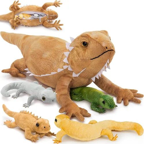 Miniatura 34 de Tezituor Juego de 5 lagartos de peluche realistas con bebés, 26.4 pulgadas, gran peluche de dragón barbudo, juguete de juguete para niños