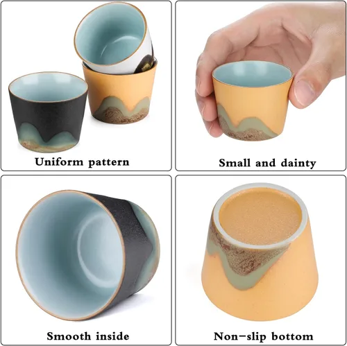 Miniatura 3 de Juego de 3 tazas de té de cerámica, tazas de té japonesas pequeñas, taza de sake de porcelana, juego de té Kung Fu estilo retro (estilo 2#)