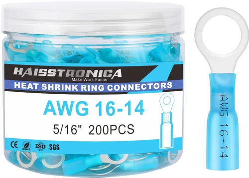 Miniatura 8 de Haisstronica - 200 conectores de anillo termorretráctil de calibre 1/4" de grado marino, conectores de alambre azul AWG 16-14, conectores de anillo