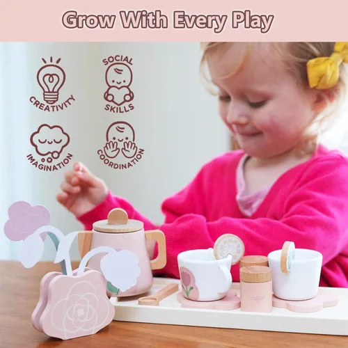 Miniatura 2 de Juego de té de madera para niñas pequeñas, juguete de juego de té con 27 piezas de accesorios de cocina de simulación, juguete de té de princesa
