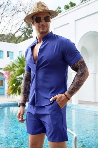 Miniatura 5 de Uni Clau Conjunto corto de 2 piezas para hombre, conjunto de camisa con botones y pantalones cortos, conjunto de chándal de playa