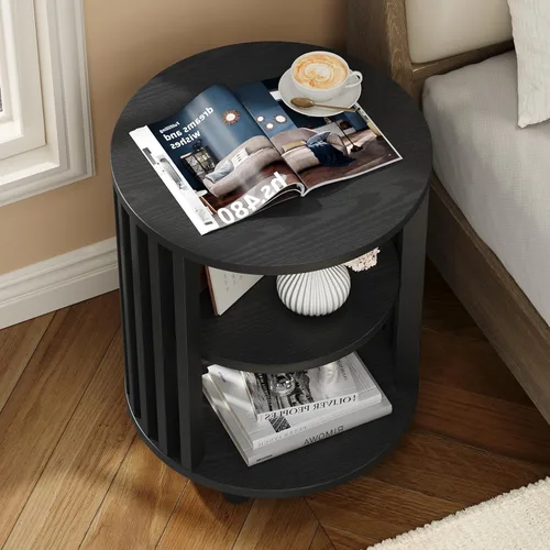 Miniatura 6 de Mesa auxiliar redonda, mesita de noche de madera, mesita de noche moderna de mediados de siglo con estante de almacenamiento abierto, mesas