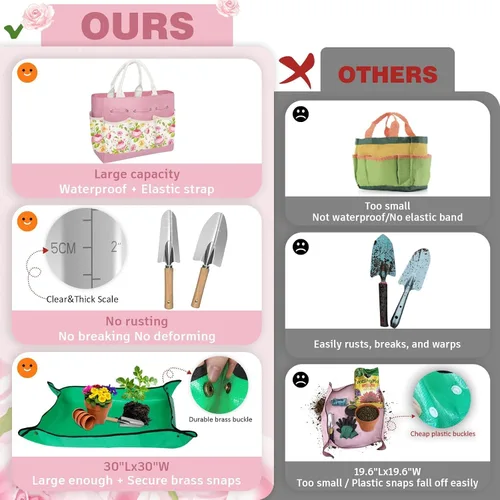 Miniatura 3 de Juego de 22 piezas de herramientas de jardín para mujeres, kit de herramientas manual resistente que incluye bolsa práctica/pala/alfombrilla