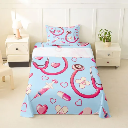 Miniatura 73 de Erosebridal Nurse Sheet Set Stethoscope Twin Sheets Set for Teen Boys,Colorful Medical Healthcare Heartbeat Syringe Fitted Sheet