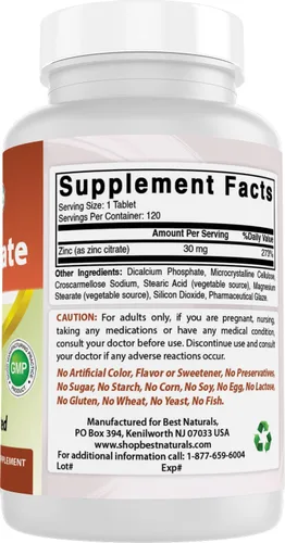 Miniatura 6 de Best Naturals Suplementos de zinc de 30 mg (como citrato de zinc), vitaminas de zinc para adultos, apoyo inmunológico, 120 tabletas