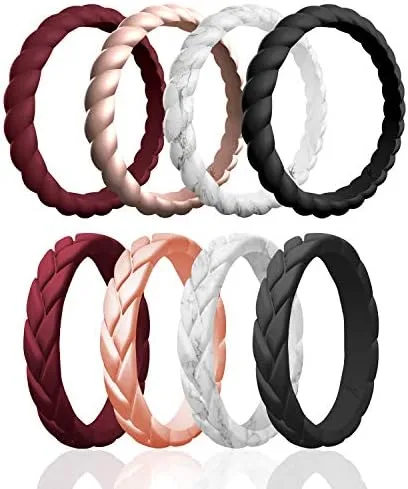ROQ - Anillos de boda de silicona para mujer, delgados, de punta trenzada, apilables, juego de joyería nupcial, anillos de aniversario, anillo de