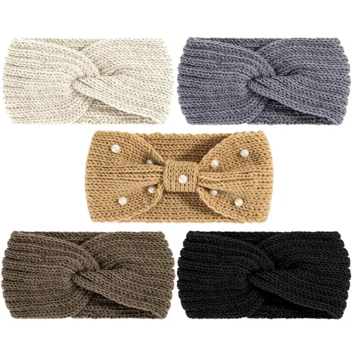 Miniatura 8 de Whaline - 5 diademas tejidas de invierno, diademas mullidas tejidas, 4 envolturas de turbante elásticas y 1 banda de pelo de ganchillo de perla