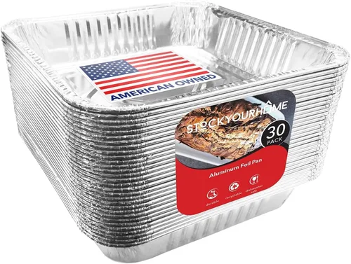 Stock Your Home Sartenes de papel de aluminio de 9 x 9, borde de 8.75 pulgadas de largo (paquete de 30 unidades) latas cuadradas para horno